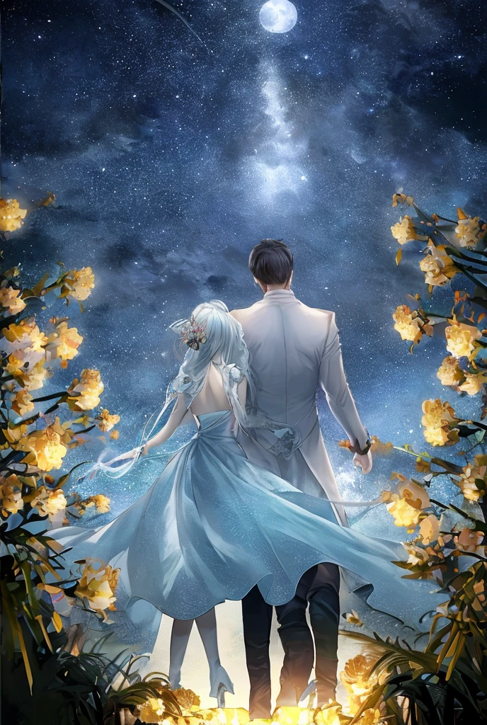 Back view、Ultra Wide Angle、Male and female couple、Starry Sky、full moon、flower、Highest quality, 