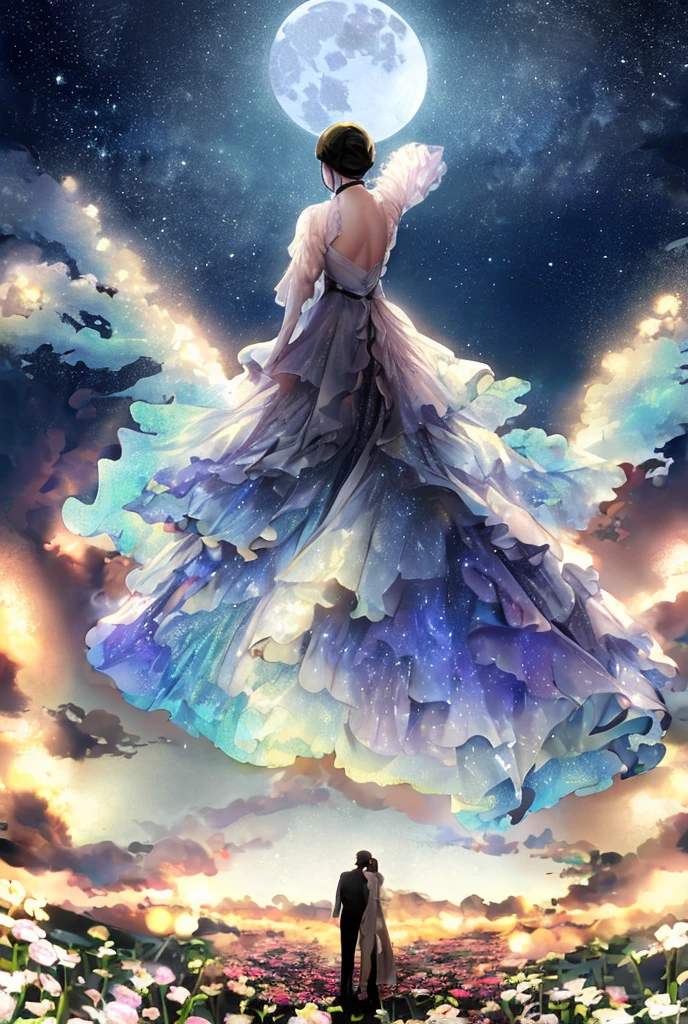 Back view、Ultra Wide Angle、Male and female couple、Starry Sky、full moon、flower、Highest quality,
