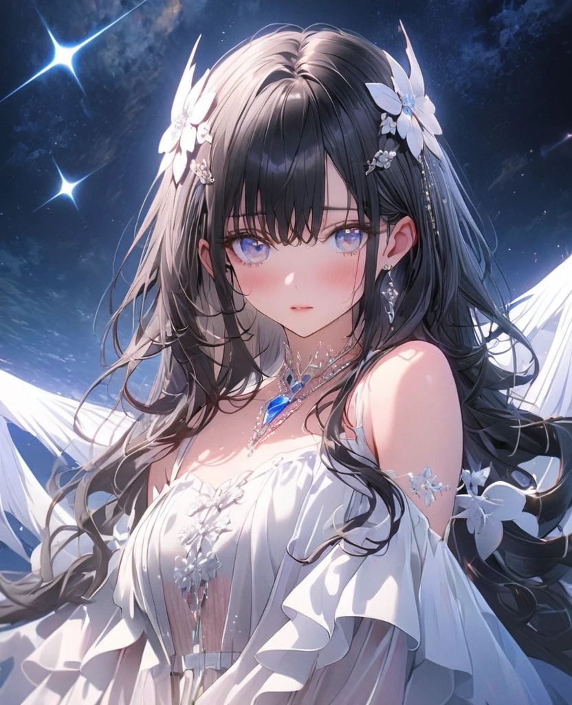 8k,Ephemeral beauty，Very delicate and beautiful,Beautiful and realistic skin,Hair that shines like a jewel,Black Hair、Long and colorful hair,Beautiful Eyes,good,Beautiful night sky、shy、white, Ruffled adult clothes、
The hair ornament is small