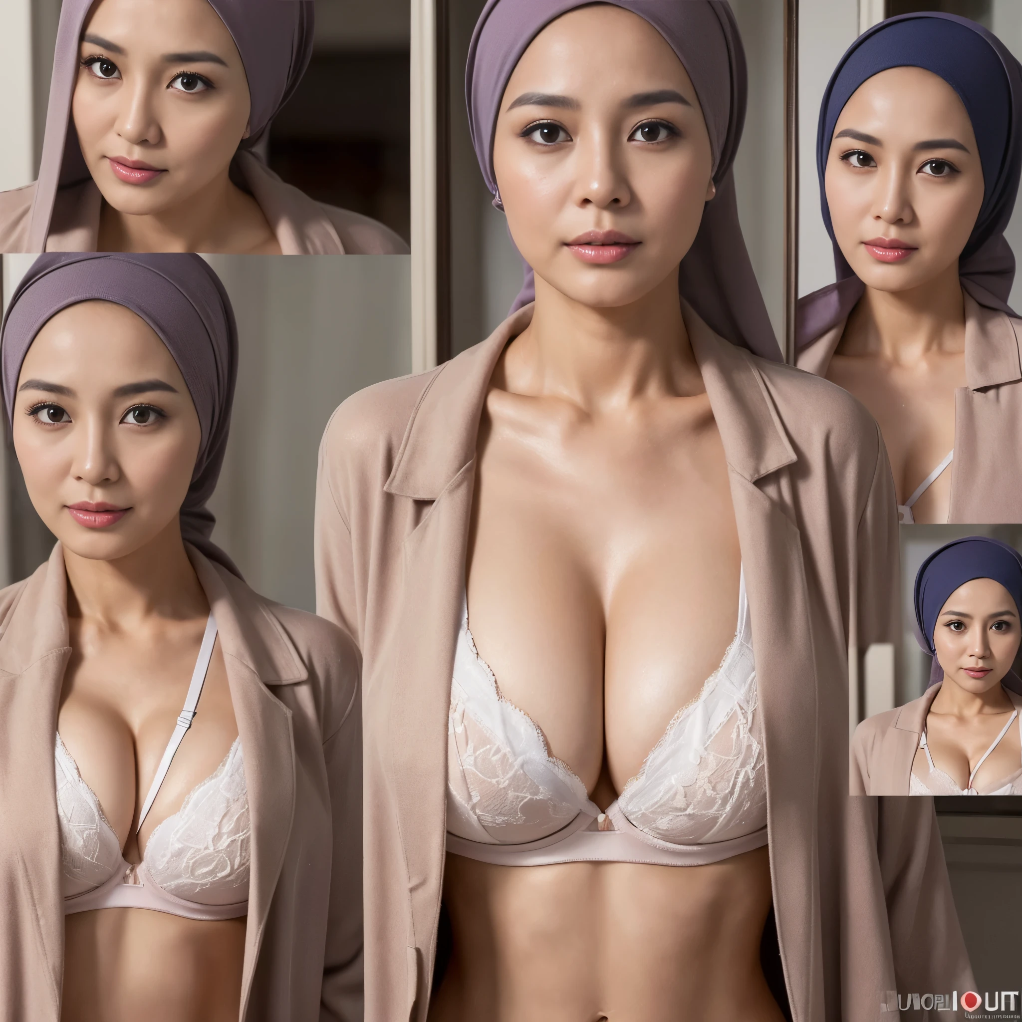 (((54, Indonesian Beauty Mature Woman, Expatriate))) ((Beauty Natural Large Breast)), after sex with her husband Boss , (((wearing Hijab, Unbuttoned Doctor Coat, Tight Sport Bra))), ((Double K Cup breast))), Busty body, Wet body, having bath, heavy shower,pour water from the shower, holding the shower hose and wetting her body, at bathroom, (((Upper body Shot))), Body Shape like gravure Idol, Cold Situation, tired face, repeatedly had intimate relations with her husband's boss without her husband's knowledge, A face full of regret for betraying her husband's loyalty, (((Multiple Photos In One Frame :1.2)))