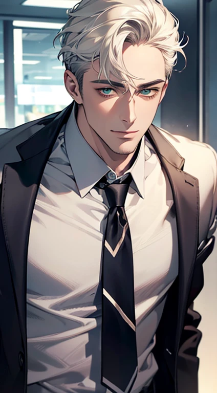 (Highest quality,4K,8K,High resolution,masterpiece:1.2),Super detailed,(Realistic,photoRealistic,photo-Realistic:1.37),1 personld,Mature Men,Beautiful skin、very handsome,Expressionless smile in love,Short white hair,green eyes,Sharp Eyes,A perfect face without a doubt,Businessman, CEO, Office Background,Cinema Lighting,HDR image,tie、