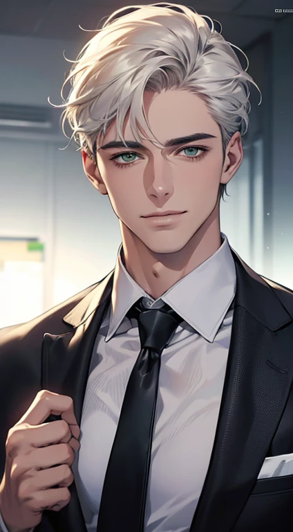(Highest quality,4K,8K,High resolution,masterpiece:1.2),Super detailed,(Realistic,photoRealistic,photo-Realistic:1.37),1 personld,Mature Men,Beautiful skin、very handsome,Expressionless smile in love,Short white hair,green eyes,Sharp Eyes,A perfect face without a doubt,Businessman, CEO, Office Background,Cinema Lighting,HDR image,tie、