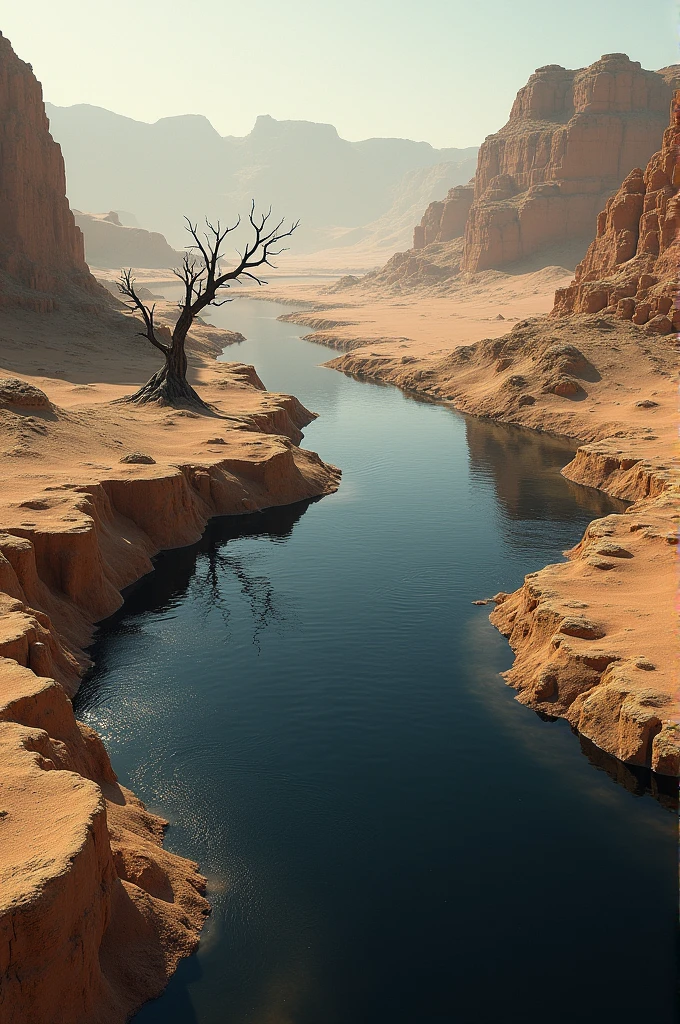 River flowing with black water in a desert area