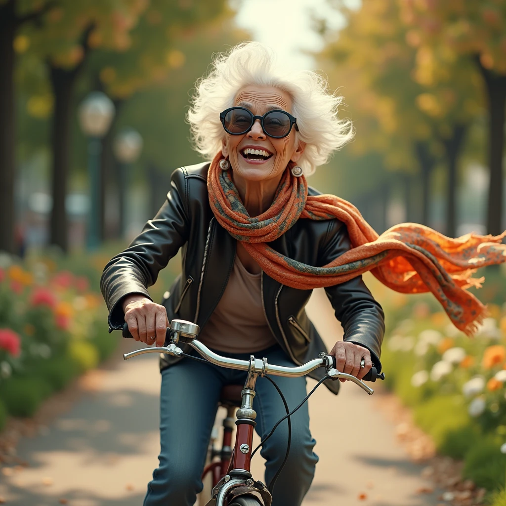 A cool old lady riding a bicycle: "A hyper-realistic image of an elderly woman with short, spiky white hair, wearing oversized sunglasses, confidently riding a vintage bicycle. She is dressed in a leather jacket with a colorful scarf flowing in the wind, exuding a sense of freedom and energy. The background is a scenic park path lined with trees and flowers, capturing the joy of a carefree ride."