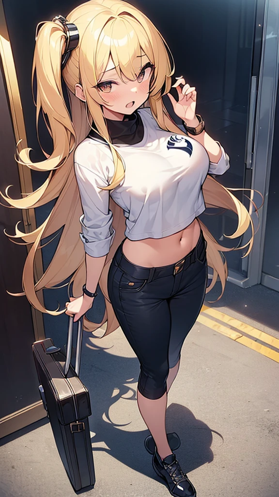 (masterpiece), (best quality), (High quality), (perfect anatomy), BREAK, (perfect face), face_focus, BREAK, 1girl, BREAK, (long hair, blonde hair: 1.67), ((twin tails, black ribbons)), BREAK, (big eyes, perfect eyes, detailed eyes, expressive eyes, grey eyes: 1.8), (thick eyebrow), BREAK, ((smile, happy)), BREAK, (tall height), BREAK, (slim bulid), (well bulid), BREAK, (big breasts: 1.4), BREAK, (red jacket: 1.4, unzipped), (sports bra), BREAK, ((low-rise baggy pants: 1.4)), BREAK, (black boots), BREAK, (standing), (arms crossed on chest), (view from front: 1.3), (full body: 1.5), BREAK, (park, nature), BREAK, eyeliner, jk style,