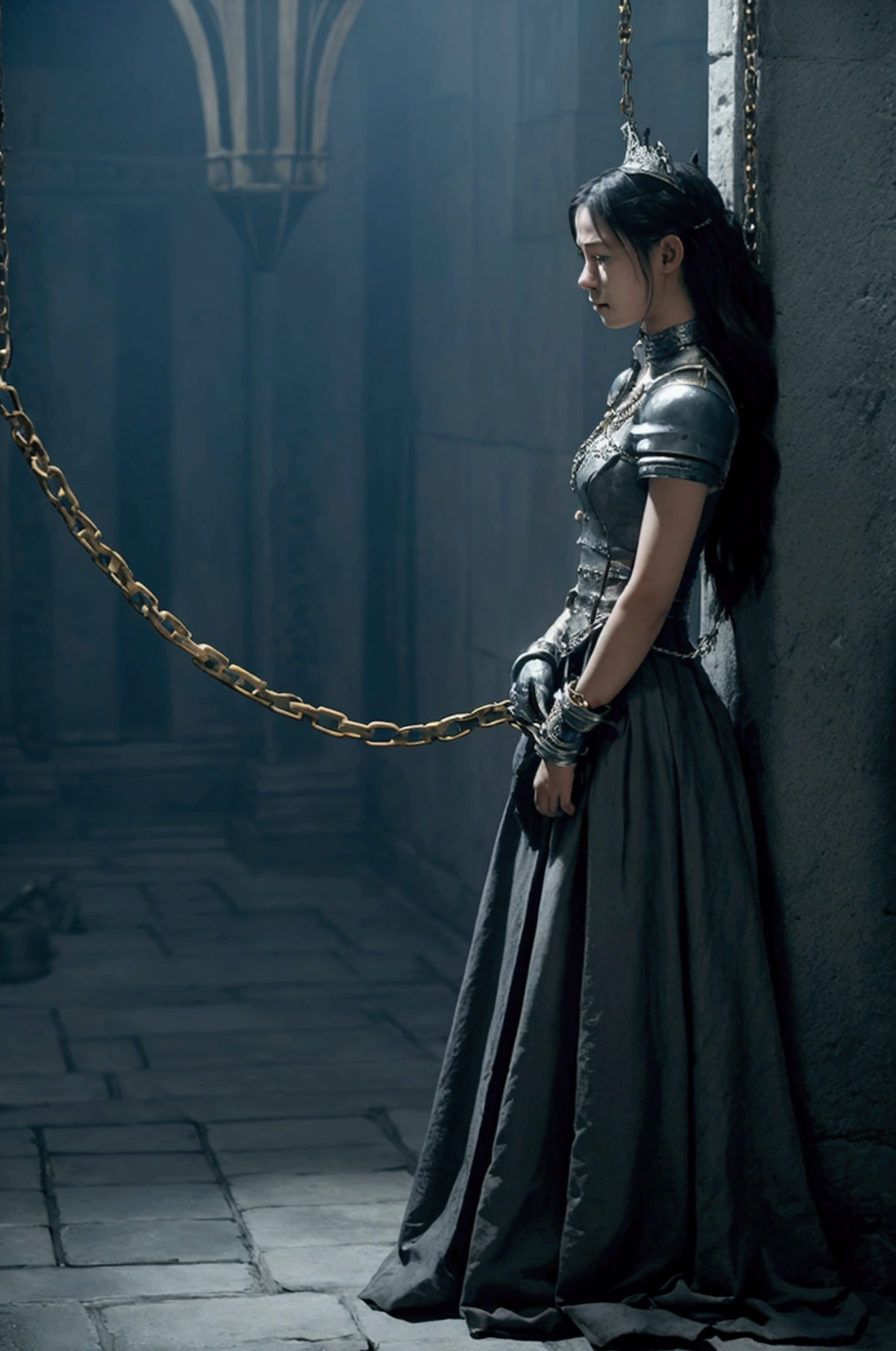 Describe a female slave who is locked up and chained in a fantasy kingdom with a depressed condition