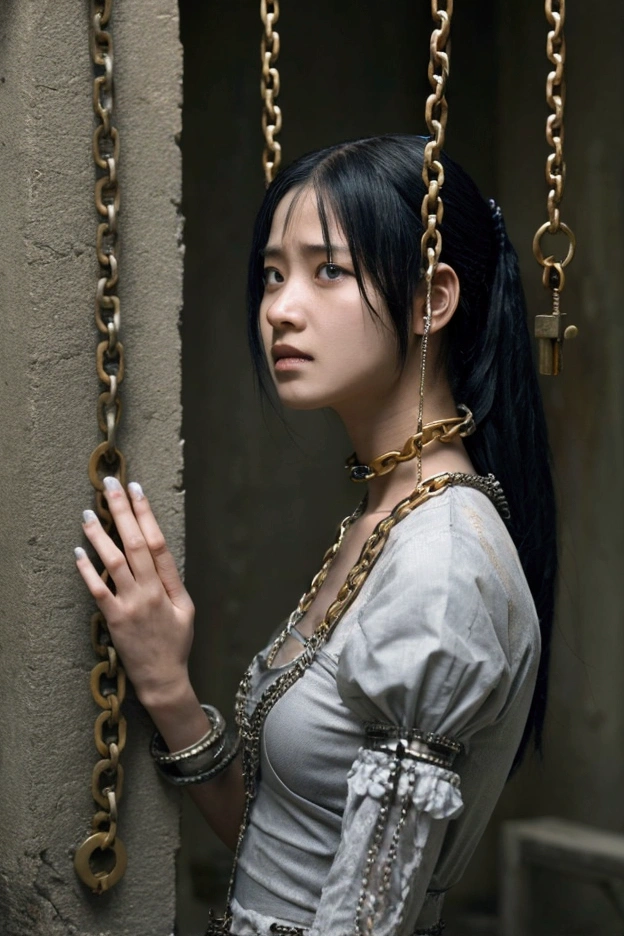 Describe a female slave who is locked up and chained in a fantasy kingdom with a depressed condition