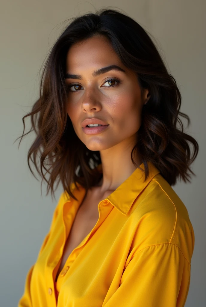 Brazilian woman in yellow blouse with 3 different poses