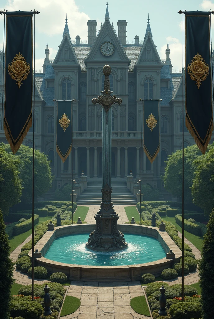 A very large mansion with dark wood, symmetrical with a very large garden and a large fountain, in its center a statue of a sword planted in the middle of the fountain. The mansion is flying black pennants, with gold edges and a logo of 3 chained roses 