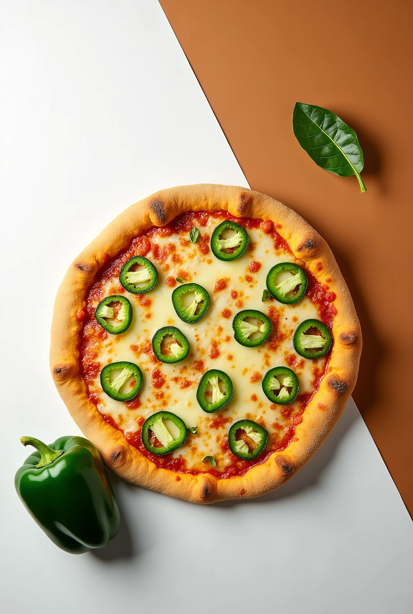 Single topping green capsicum pizza with a capsicum on a side with white and brown baground
