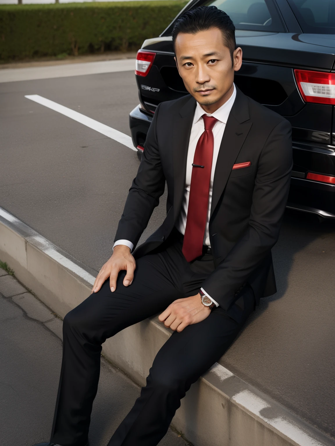 40 years old,Hidetoshi Nakata,(Kogoro Mori 1.3),one person,Black shirt、Red tie、Black slim pants、,Parking lot in the morning、mafia、Sit with your legs open、Holding a gun,logical,love ,Short hair perm、,stubble,Asian Face,Handsome dad,Bulge in the crotch of pants