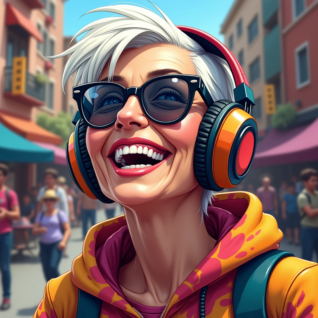 A cool old lady enjoying music with headphones: "A highly detailed close-up illustration of an elderly woman with a stylish pixie cut, wearing mirrored sunglasses and large, colorful headphones. She is nodding her head to the beat with a broad smile on her face. She’s dressed in a trendy hoodie with bright patterns, and the background is a bustling city street with street musicians and lively activity, enhancing the vibrant mood."