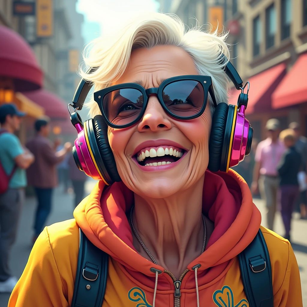 A cool old lady enjoying music with headphones: "A highly detailed close-up illustration of an elderly woman with a stylish pixie cut, wearing mirrored sunglasses and large, colorful headphones. She is nodding her head to the beat with a broad smile on her face. She’s dressed in a trendy hoodie with bright patterns, and the background is a bustling city street with street musicians and lively activity, enhancing the vibrant mood."