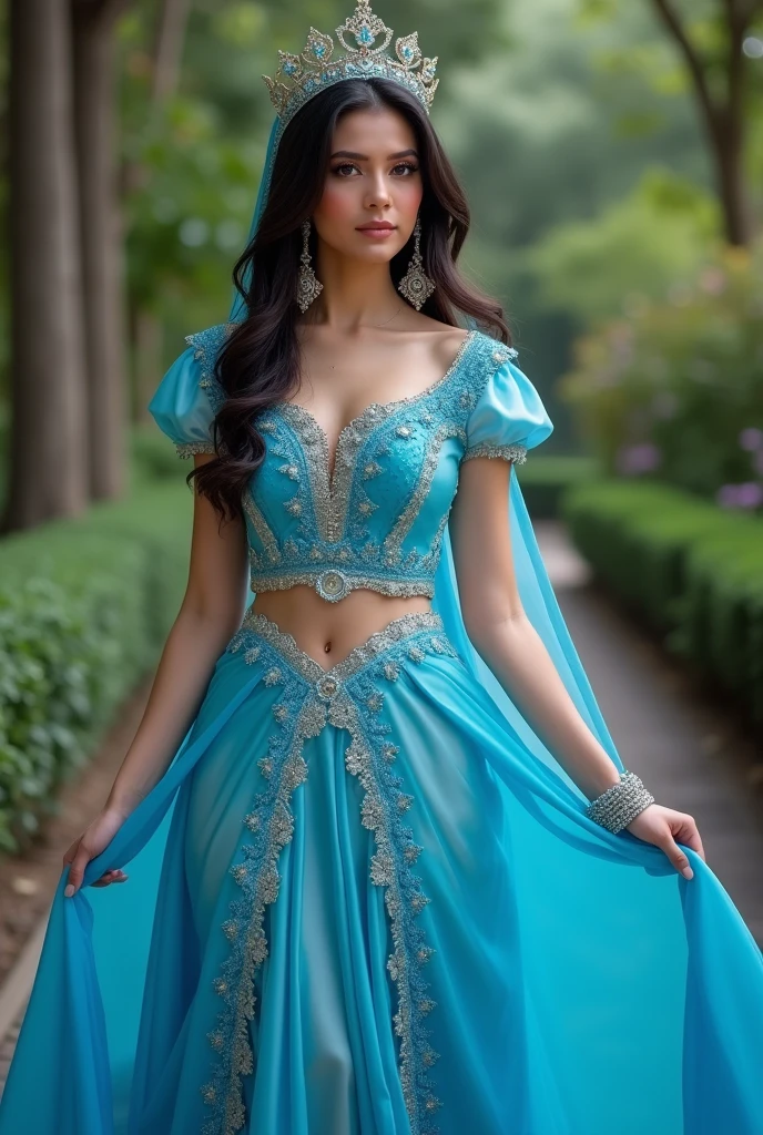 a woman in a blue dress posing in a garden, princess jasmine, beautiful genius girl, arab princess, arabian beauty, Beautiful goddess, beautiful woman, Beautiful lady, glamorous cosplay, persian princess, Beautiful costume, hermosa beautiful woman, Aesthetic!!!!!! female genius, Jasmine Princes, alena aenami and artgerm, stunning beautiful, Beautiful Princess, arab princess, jasmine