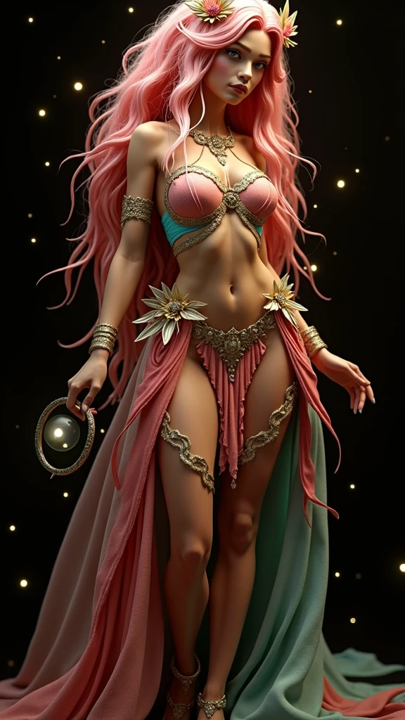 A 24K 3D HD hyper-realistic image of a Latin sexy fairy with neon pink hair adorned with petals and glistening pollen. She is wearing an elegant turquoise and gold outfit with intricate details. The fairy has mesmerizing eyes that sparkle like morning dew. She is standing in a dark fantasy setting with rich colors and textures. The image has a cinematic vibe with vibrant colors and intricate details.