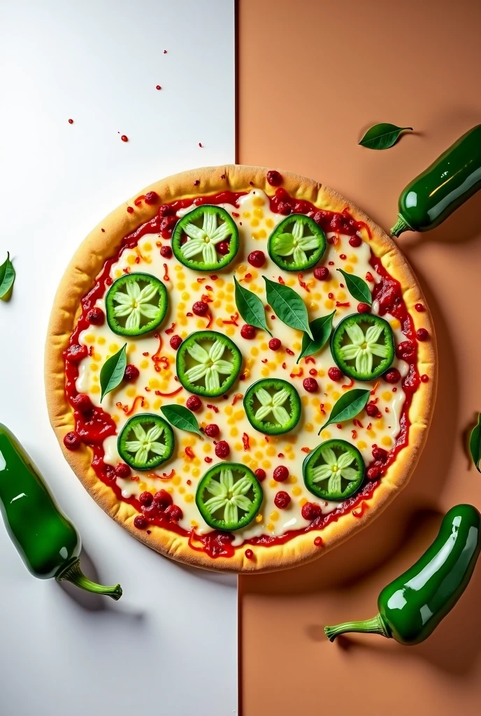 Single topping green capsicum pizza with a capsicum on a side with white and brown baground
