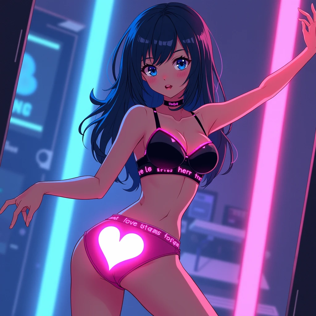 anime Illustration of a female dancer, futuristic neon, navy blue eyes and hair, posing, wearing glowing black bra with pink glowing elements and glowing straps, fully glowing pink underpants, glowing breasts, smooth, large flirty heart symbol on underpants, boots, no embroidery. text inside heart on underpants that says "love starts here"