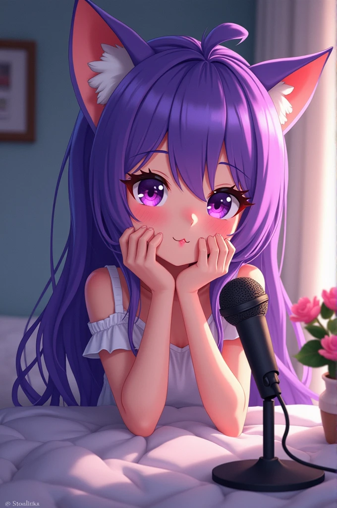 Cute anime girl smiling with pastel purple hair listening to music