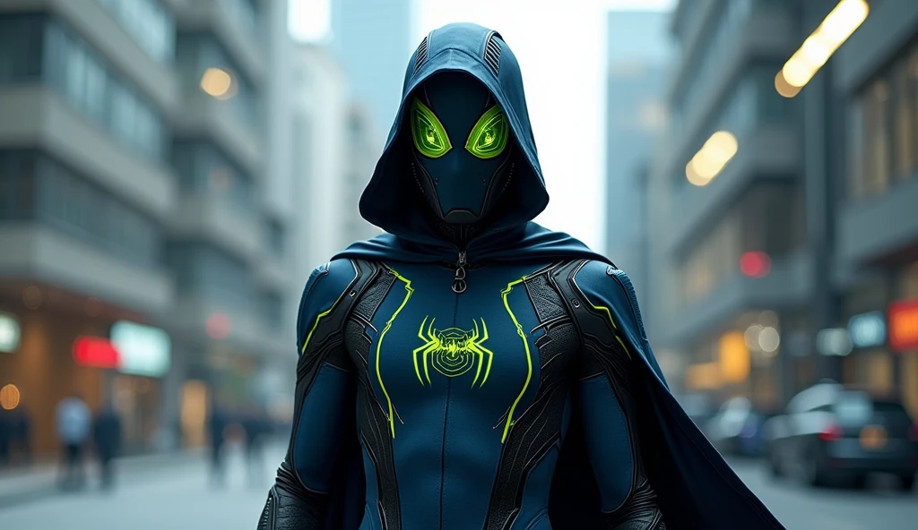 Create a superhero character called &#39;Techman&#39;, inspired by the style of Spider-Man, but with a distinct design. The character must wear a fitted outfit with predominant colors of dark blue and black.. Include an accessory or statement piece in lime green chroma style, like a cape or a detail on the hood, that stands out visually. The outfit must be modern and technological, with subtle details such as circuits or technological patterns, but without the spider symbol on the chest. The Techman must have a dynamic and confident posture, with a friendly and approachable expression. The background can be a futuristic urban setting, and the emphasis should be on the lime green piece to ensure the character stands out in thumbnails and is easily recognized as the superhero that helps choose the best options.