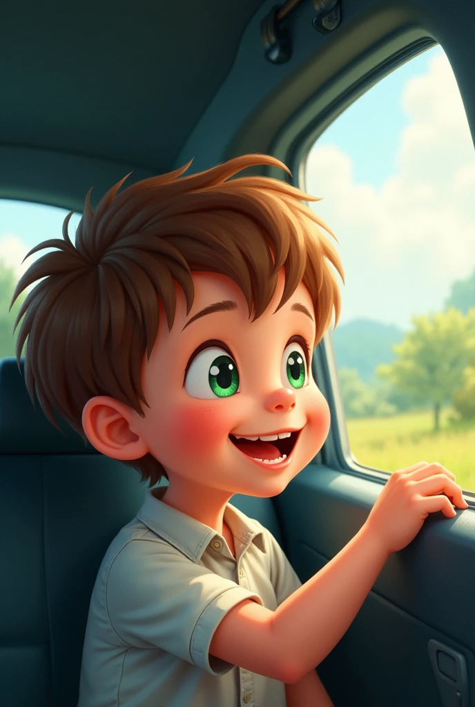 Drawing of a boy looking through a car window happy with green eyes, brown hair and nice round cheeks