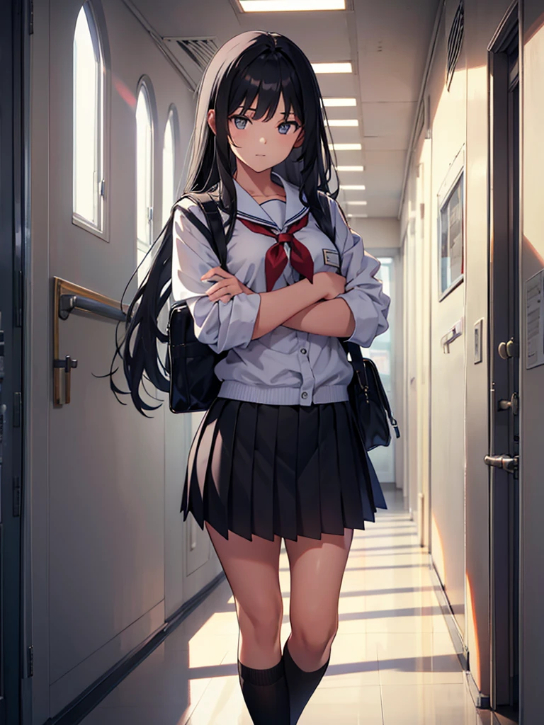 School,corridor,One beautiful girl,Standing with arms folded?skirt,Black socks,Long black hair,
