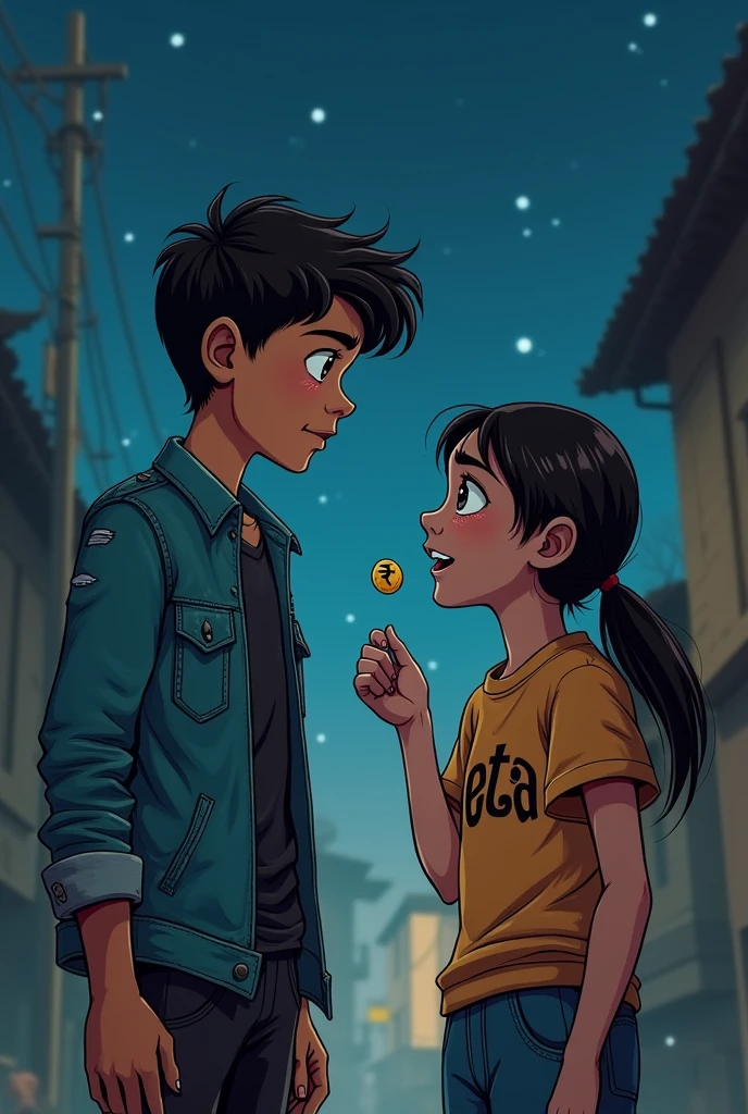 A 1 boy, hear style , jins jecket, black durty clothes , and handsome boy, side at one girl
in name Geeta , doing lattering , One rupee in hand, weaping , t shirt on writing bold name Geeta whe background night star