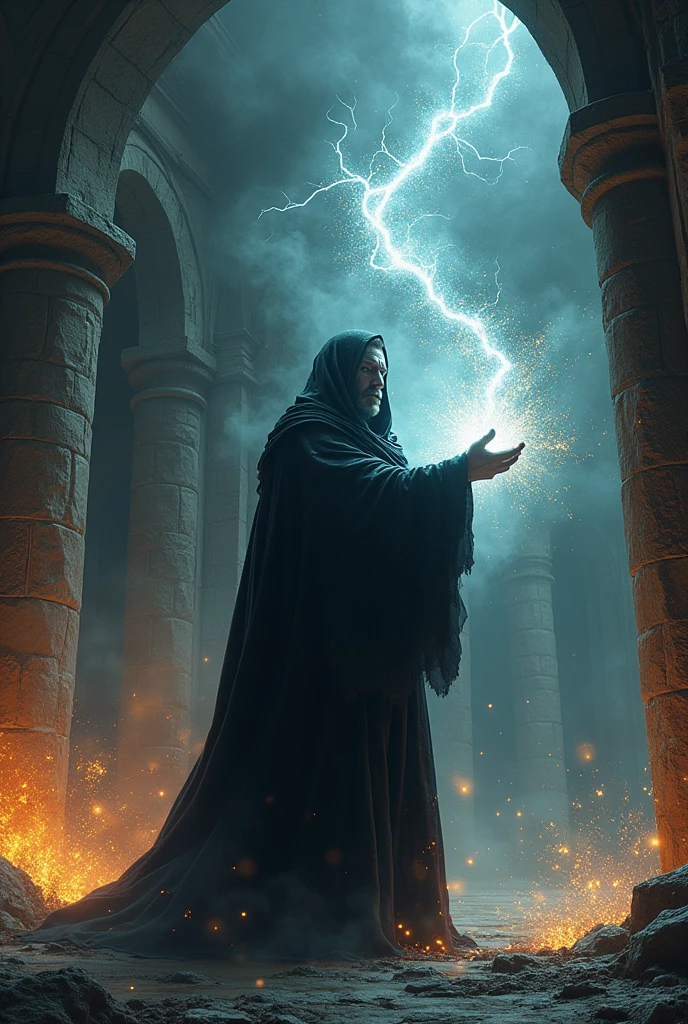 Create an intense scene where Elren the dark wizard, with dark cloak and dark look tries to use a black magic spell to demonstrate his power, but it goes terribly wrong. Energies get out of control, creating an explosion of shadows and sparks, almost destroying a part of the Elfin kingdom. a ruined stone hall, from the kingdom of elfin home of the white elf wizards Elren's panicked expression is evident as he struggles to contain the magic.