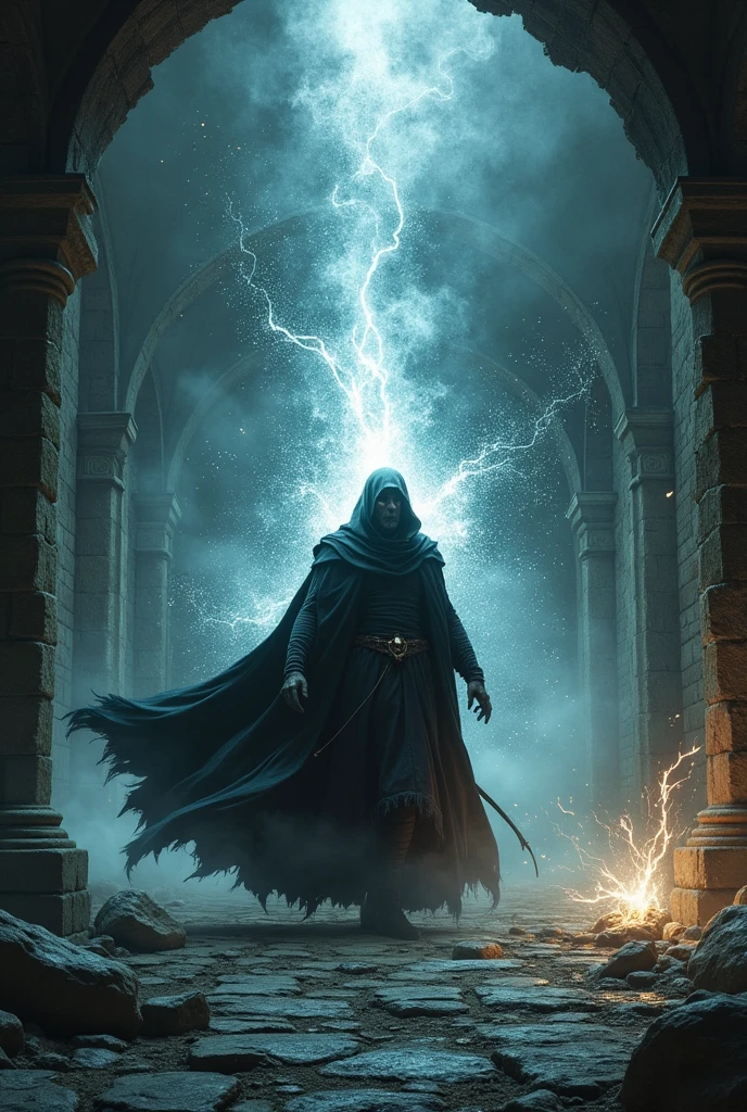 Create an intense scene where Elren the dark wizard, with dark cloak and dark look tries to use a black magic spell to demonstrate his power, but it goes terribly wrong. Energies get out of control, creating an explosion of shadows and sparks, almost destroying a part of the Elfin kingdom. a ruined stone hall, from the kingdom of elfin home of the white elf wizards Elren's panicked expression is evident as he struggles to contain the magic.