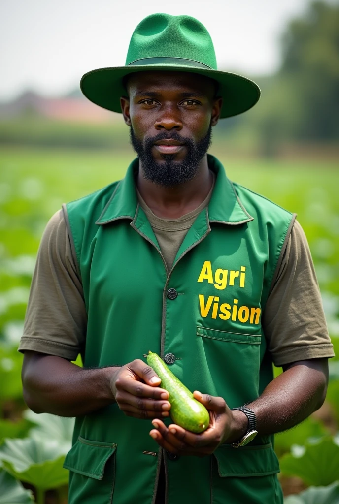 Un ingenieur agronome noir portans un chapeau et gilet de couleur verte ecris VISION AGRI dessus en couleur jaune se trouvant dans un champs tenat de concombre a la main.