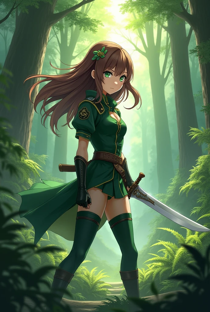 anime girl with brown hair and green eyes in green combat gear holding a dagger in the forest