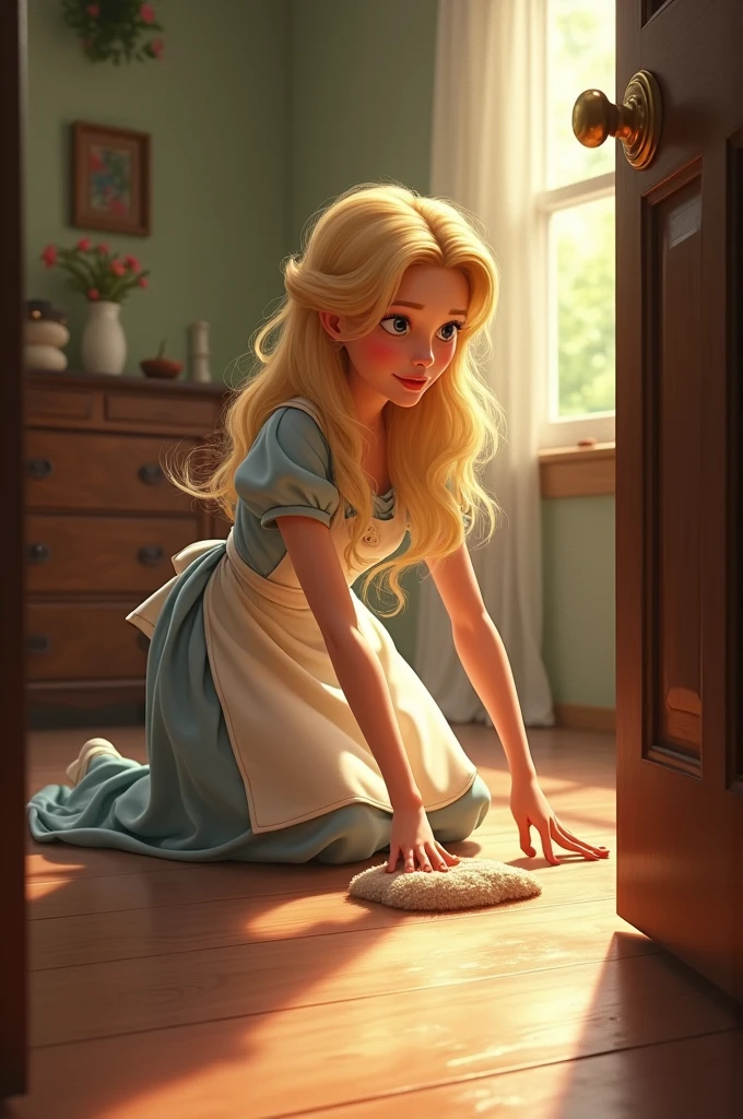 Blonde haired Cinderella , cleaning the floor of your house with an apron