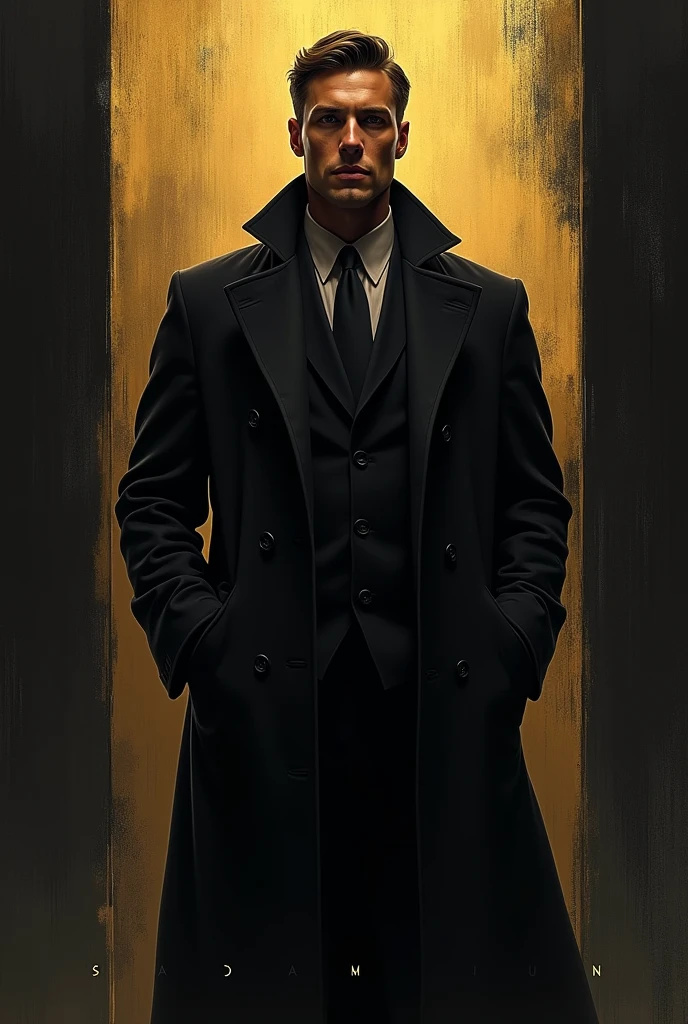 One handsome man wearing a black coat. Color the background with black and gold. Write on that showcase SENARIOUNION