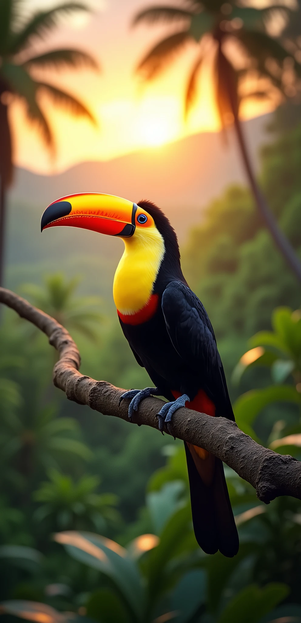 Tukan v drunkli na costa rica, rich nature , realistický styl, photo from a distance, bokeh, Epic, zapad slunce , in the background palm trees and jungle