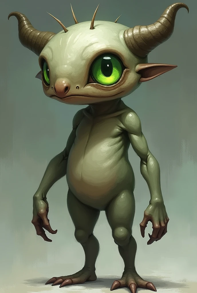 He has only one eye, it's green, round-cropped, two small horns, two arms and two legs