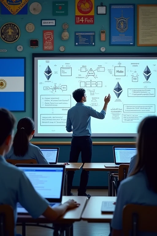 A high school classroom in Buenos Aires with students wearing Argentine flag colors. The teacher points to a whiteboard filled with Ethereum and blockchain diagrams. Students have laptops showing Solidity code. The room is decorated with both traditional Argentine symbols and futuristic tech imagery.