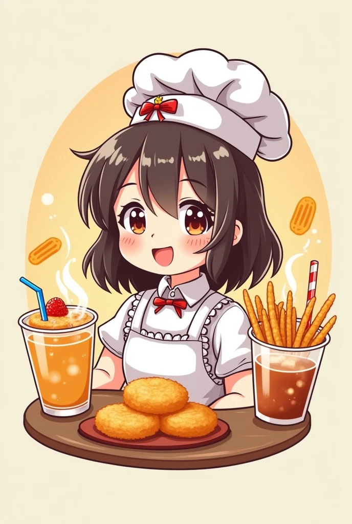 Cold drinks and fried snack shop cute anime chef girl logo name is Utra
