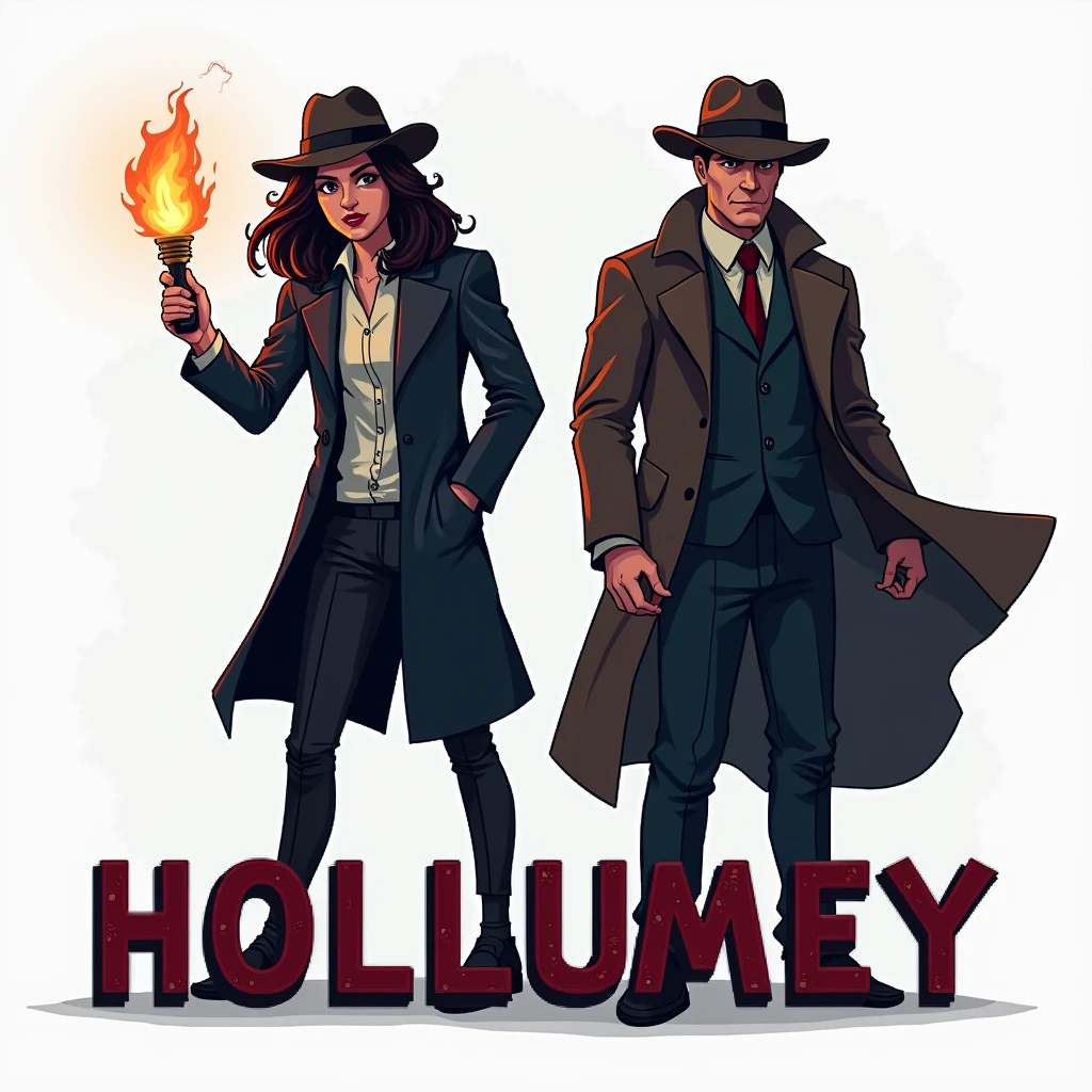 Title say: "Hollumey", Hollumey Title, RPG Game, dark style, Crime, Detective, Pixel art, Retro game, 8bit, 16bit, white background