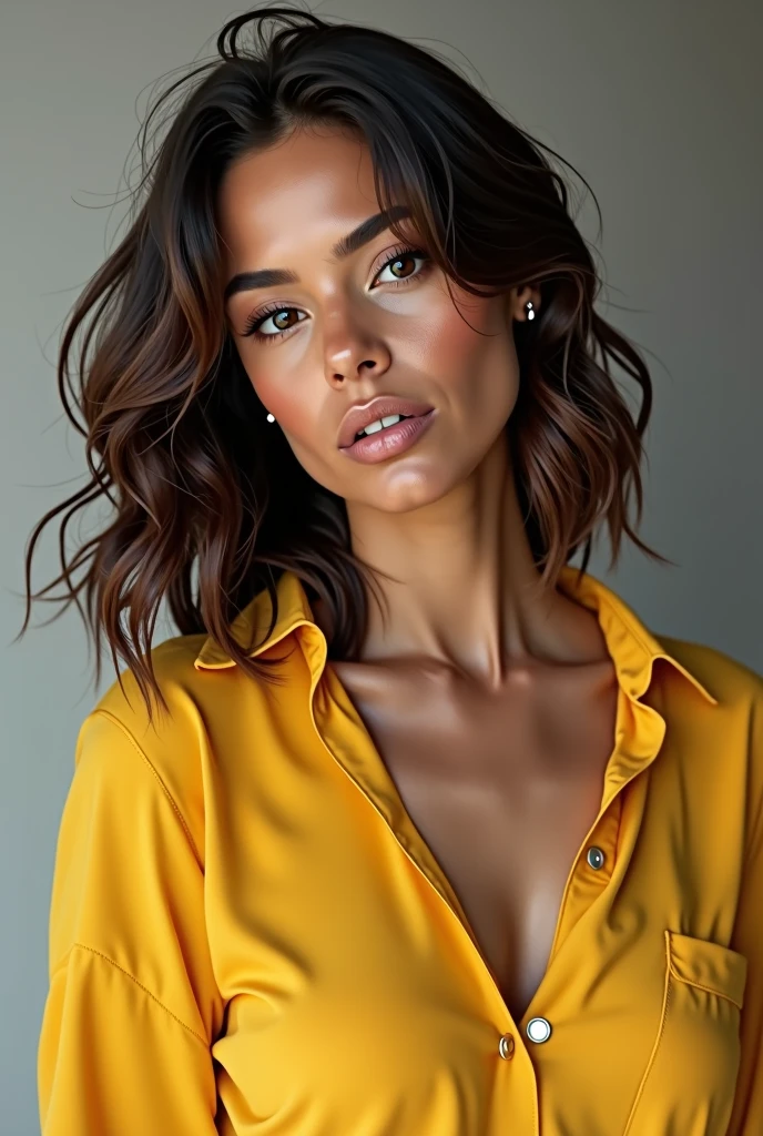 Brazilian woman in yellow blouse with 3 different poses