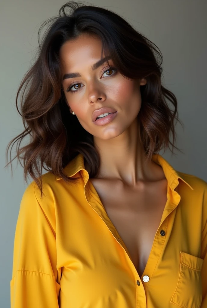 Brazilian woman in yellow blouse with 3 different poses