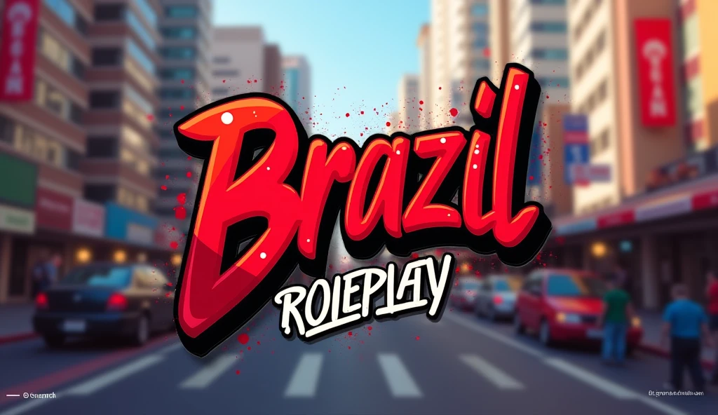 a banner (1980x1080) with a cartoon city in the background out of focus, a logo with the word BRAZIL written in graffiti, below written ROLEPLAY, red and black colors
