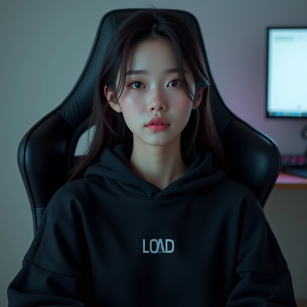 A beautiful Korean woman sitting on a gaming chair wearing a black polite hoodie , with name on hoodie " LOAD "