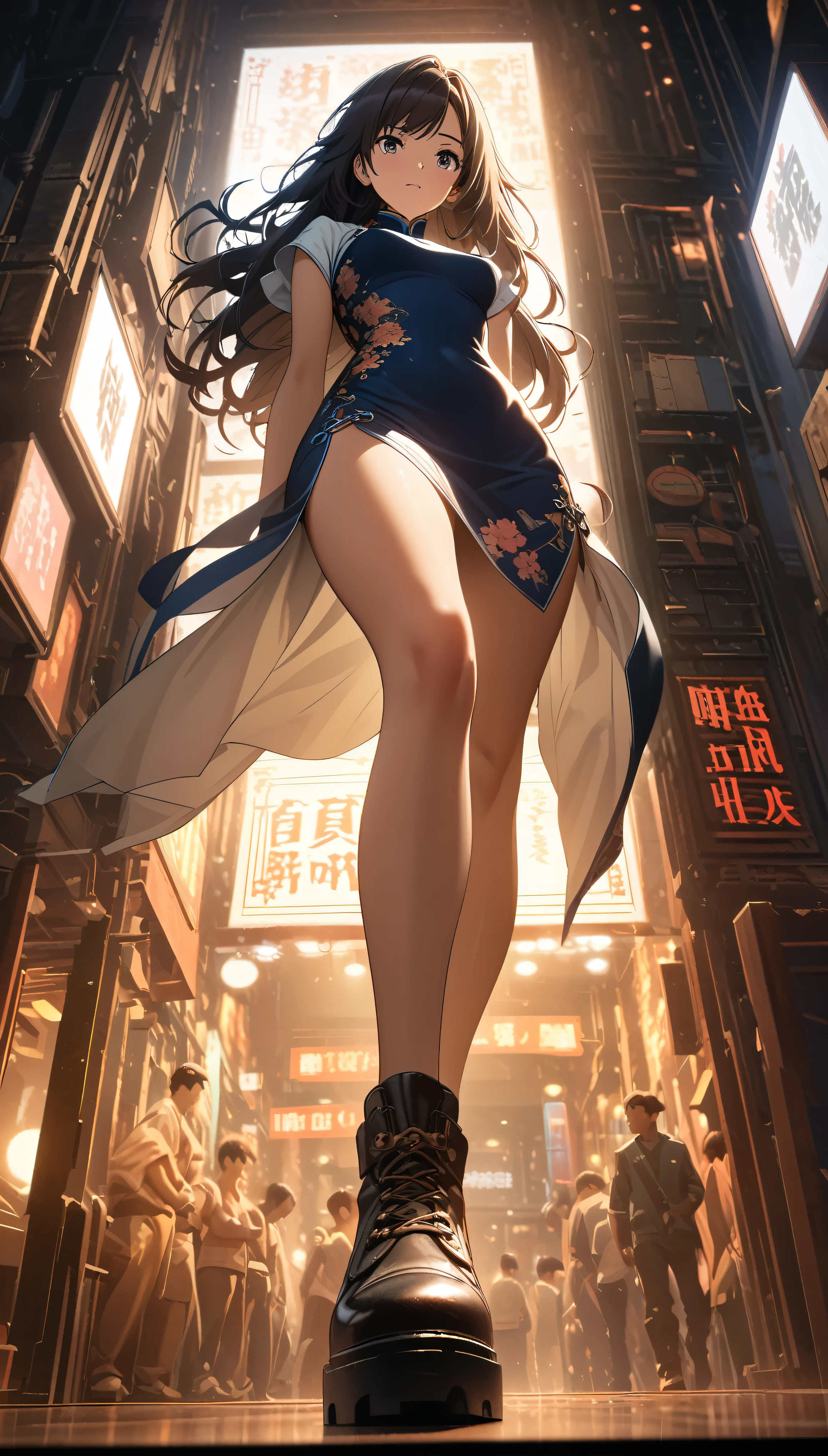 Cheongsam Girl,Long Hair,Pure white background,Depth of written boundary,Low angle view,Calf Level View,Overclocked Renderer,Cinema Lighting,Ultra-fine,Very detailed,complicated,Cinematic Perspective,CG Art,Side zipper