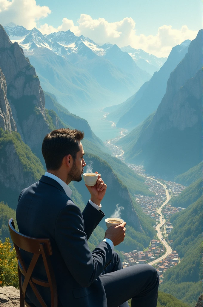 A man sipping coffee watching social scenarios from a mountain