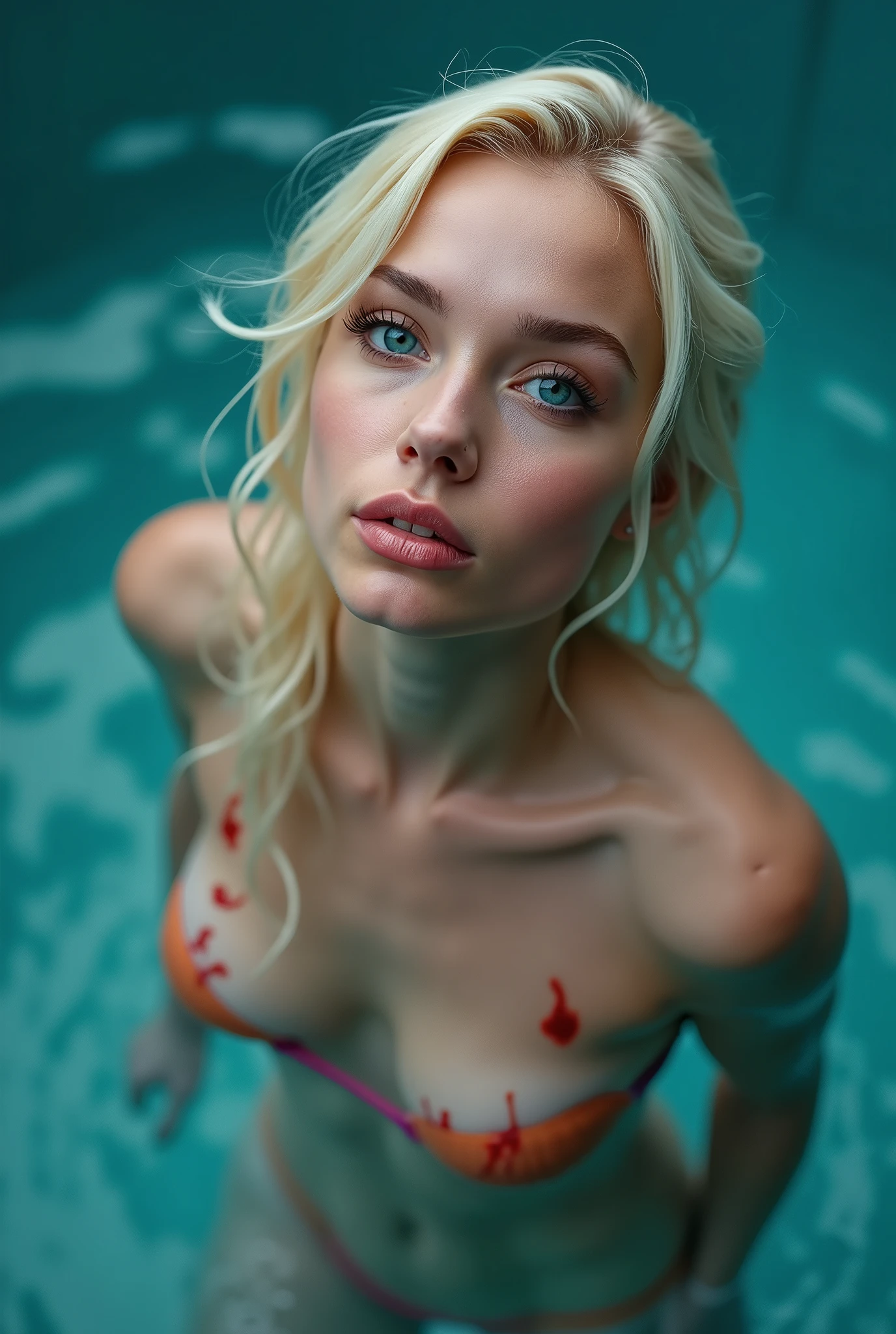 Top quality, (bright lighting: 0.7), masterpiece, big angle shot, RAW photo (pale 2 blonde woman, looking up at the viewer), cute, (bikini, with blond hair), (coming out of the pool), () full-length portrait, perfect face, captivating eyes, bright details, pouting lips, (high skin detail), small breasts, (blue tint: 0.6), (dirty: 0.8), (bloody: 0.7), Key lighting, (backlight: 0.5), medium depth of field, Canon 5D, 50mm lens, f/4 aperture, (ultra-detailed, complex detail), sharp focus, soft colors, 8k, absurd, 8mm film grain, flirting with camera, athletic thin body