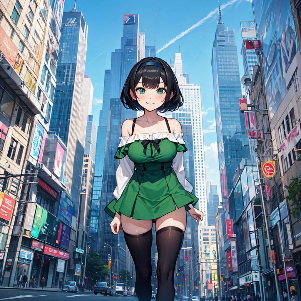 (solo), (1 skinny girl standing), arms behind back, swaying back, (tight-fit black thighhighs), collarbone, BREAK, yellow hairband, green dress with shoulder straps, (white shirts under dress), glass-walled skyscrapers in distance, BREAK, (long skinny legs), huge breasts, BREAK, (forced smile:1.3), (dripping tires:1.3), (disappeared), open mouth, orgasm, nsfw, pussy juice dripping down between thighs
