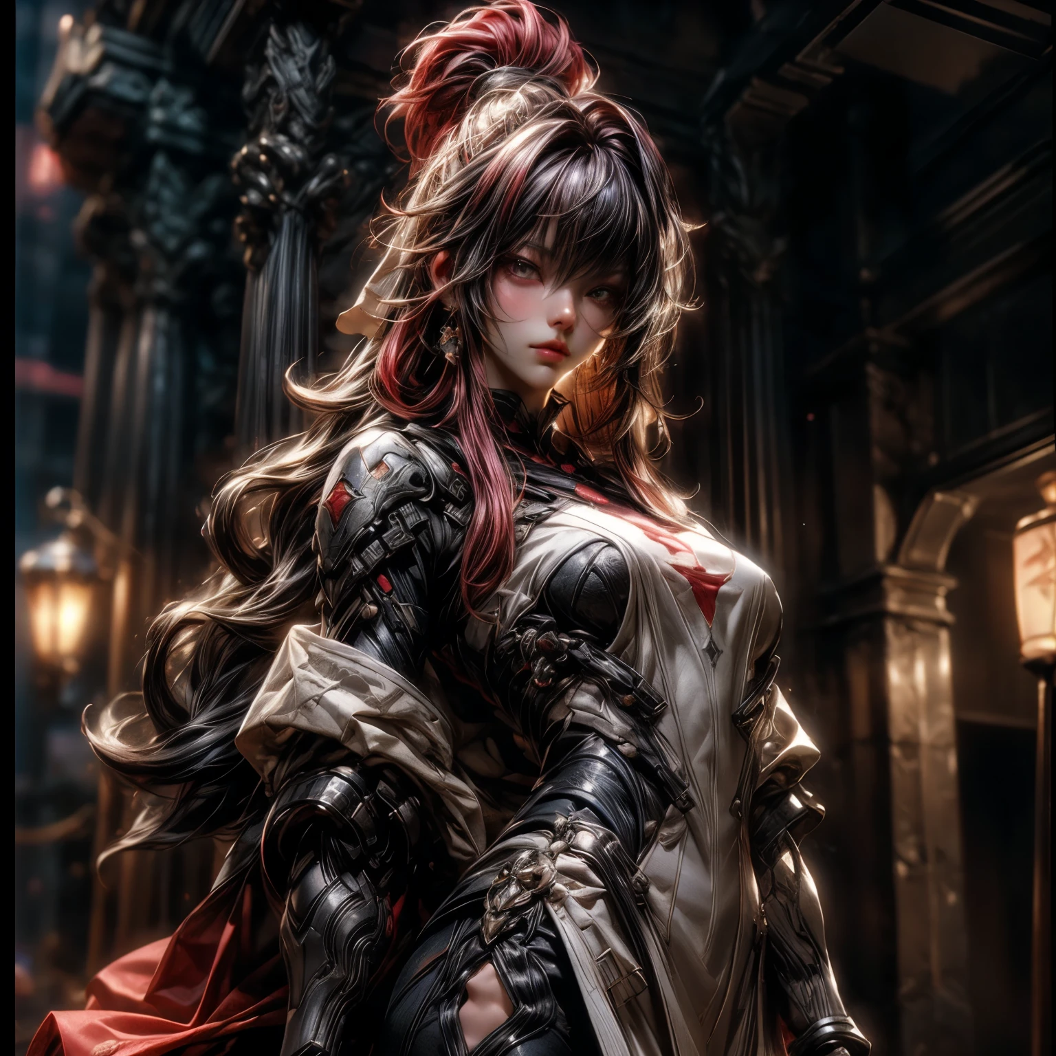 (best quality)), ((Masterpiece)), (details:1.4), 3d, HDR (high dynamic range), an image of a beautiful cyberpunk female, Fantasy, Cyberpunk, Red hair, Curtain Bangs, Beautiful White eyes, จมูกโด่ง, ปากแดง, หน้าอกใหญ่, nvidia RTX, PBR surface, After processing, Anisotropic filtration,depth of field, Maximum clarity and clarity, multi-layered surface, Subsurface scattering, perfect proportions, 8K raw files, ultra detailed, Perfect proportions, volumetric lighting, soft lighting, Holy Paladin, Heavy Black Armor, Red dress, glossy skin, intricate Silver embroidery, Castle Hall background, jewely, ต่างหู, นิ้วมือสมบูรณ์,