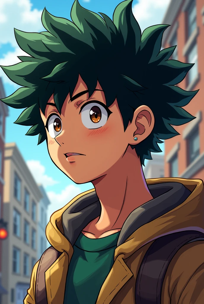gay kid, BLACK messy hair, mixed race, mole on chin, brown/hazel eyes, ear piercing (silver stud), (My Hero Academia custom character)