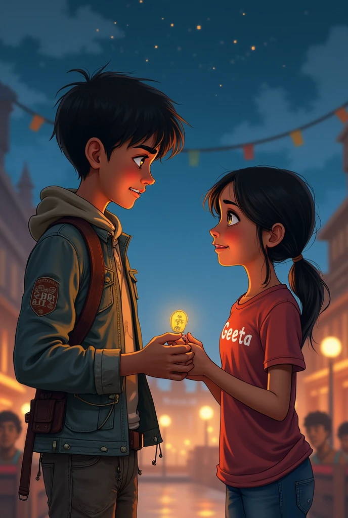 A 1  boy, hear   style  ,  jins jecket,  black durty clothes , and handsome boy, side at one girl
in name Geeta , doing lattering , One rupee in hand, weaping , t shirt on writing bold name Geeta whe background night star Amritsar