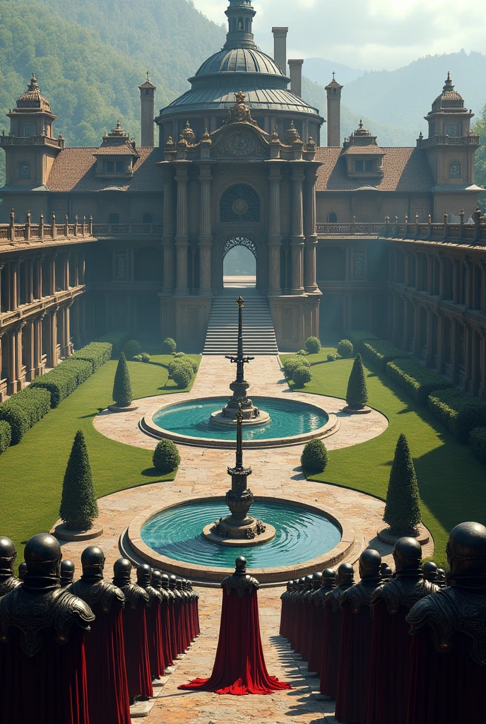 A very large mansion with dark wood, symmetrical with a very large garden and a large fountain, in its center a statue of a sword planted in the middle of the fountain. The mansion has several dozen guards in dark and red armor.
