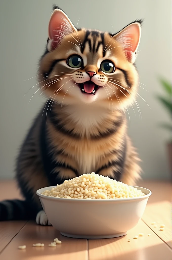 A cat eating rice 